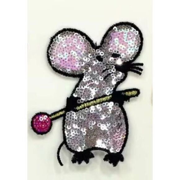 NWOT Iron-On Sequin Mouse with Pin Patch Applique 4in by 3in - Picture 1 of 1